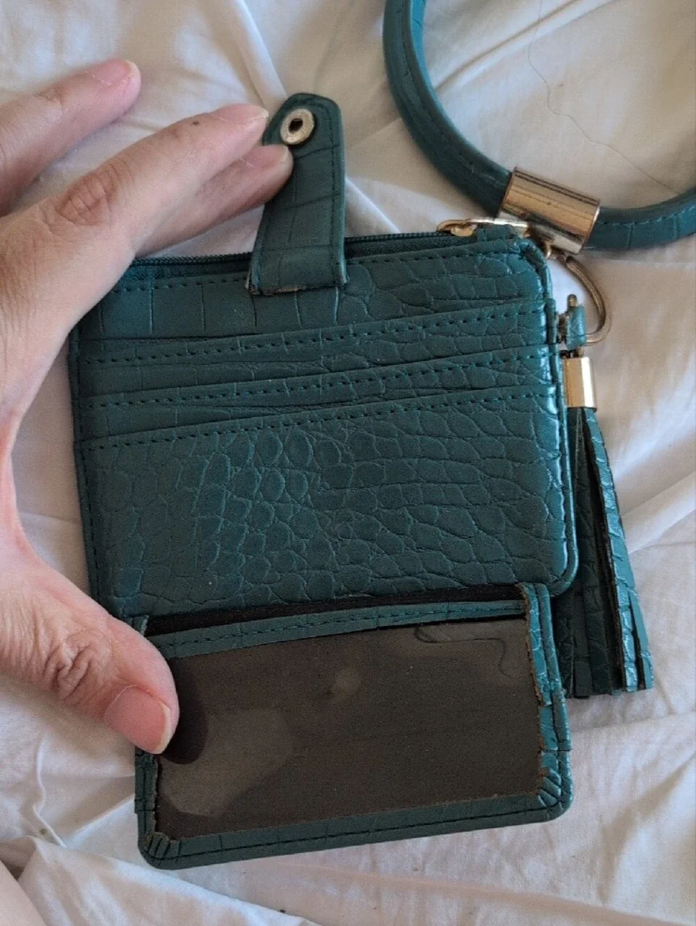 Teal Croc-Embossed Wristlet Cardholder with Tassel